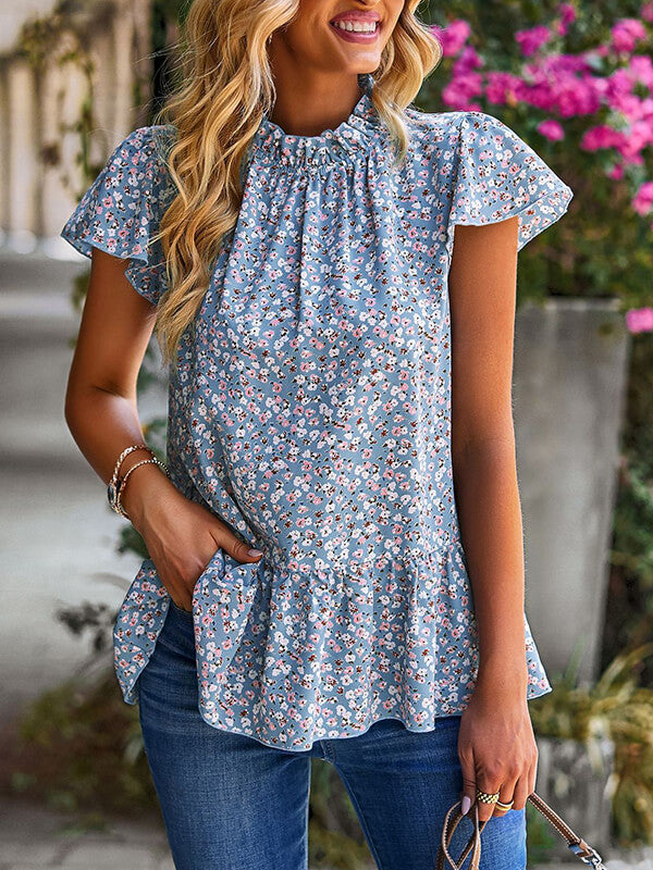 Woochic hauts imprimé à fleurie peplum col rond manches courtes femme mode Bleu S