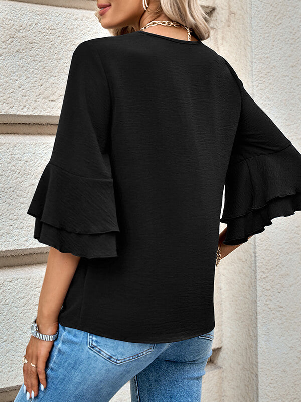 Woochic hauts unicolore v-cou volants superposés manches au coude femme mode