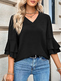 Woochic hauts unicolore v-cou volants superposés manches au coude femme mode