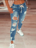 Woochic jean crayon déchiré troué coulisse taille femme pantalons bleu Bleu clair S