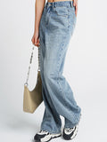 Woochic jeans droit larges jambes évasé avec poches taille haute femme décontracté