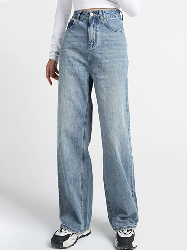 Woochic jeans droit larges jambes évasé avec poches taille haute femme décontracté Bleu ciel S