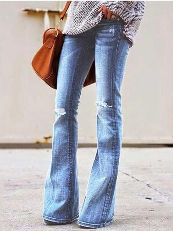 Woochic jeans longue bootcut évasé avec poches genou déchiré mode femme denim pantalons Bleu clair XS