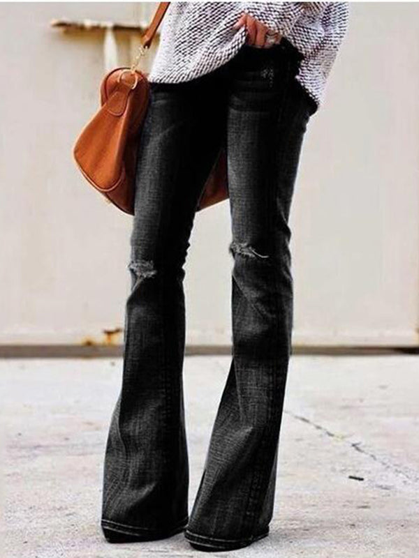 Woochic jeans longue bootcut évasé avec poches genou déchiré mode femme denim pantalons Noir XS