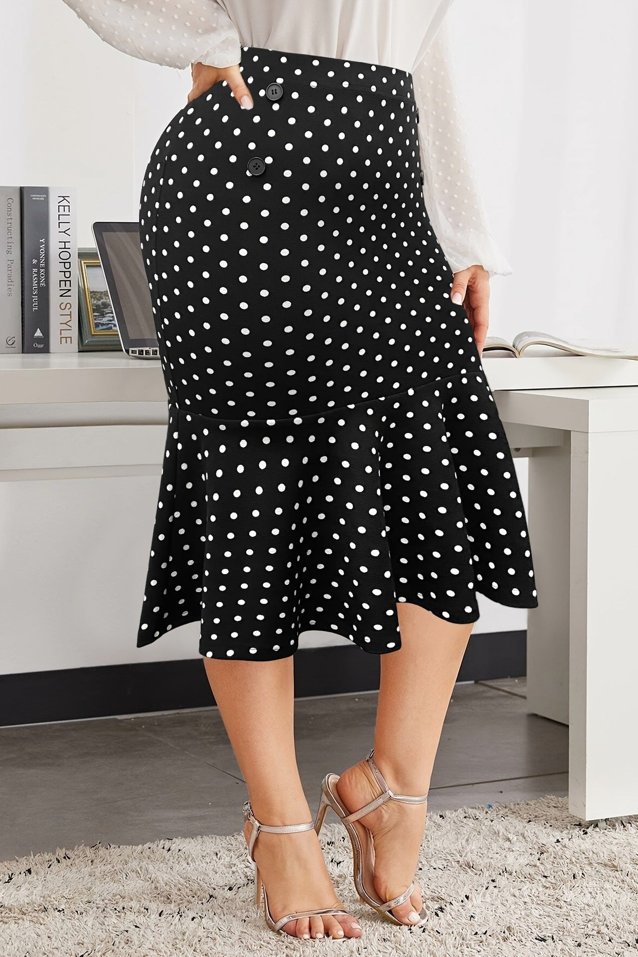 Woochic jupe grande taille à pois carreaux taille haute noir 1 1XL