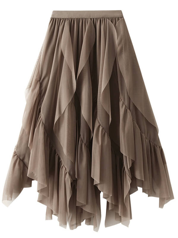 Woochic jupe longue irrégulière tulle unicolore froufrou femme mode Marron ONE SIZE