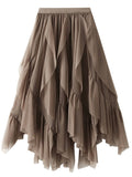 Woochic jupe longue irrégulière tulle unicolore froufrou femme mode Marron ONE SIZE