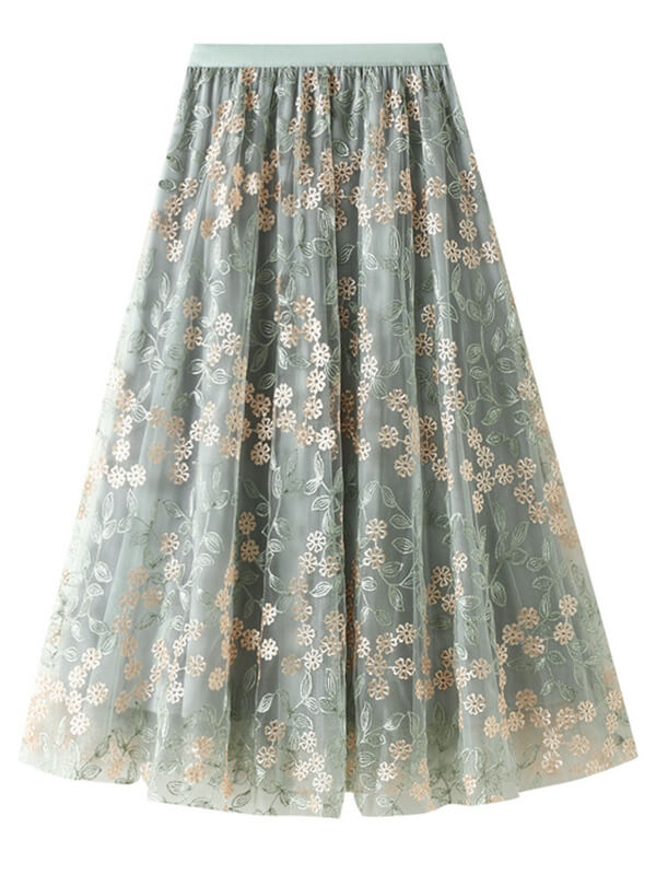 Woochic jupe longue tulle brodée fleurie élégant femme Vert ONE SIZE
