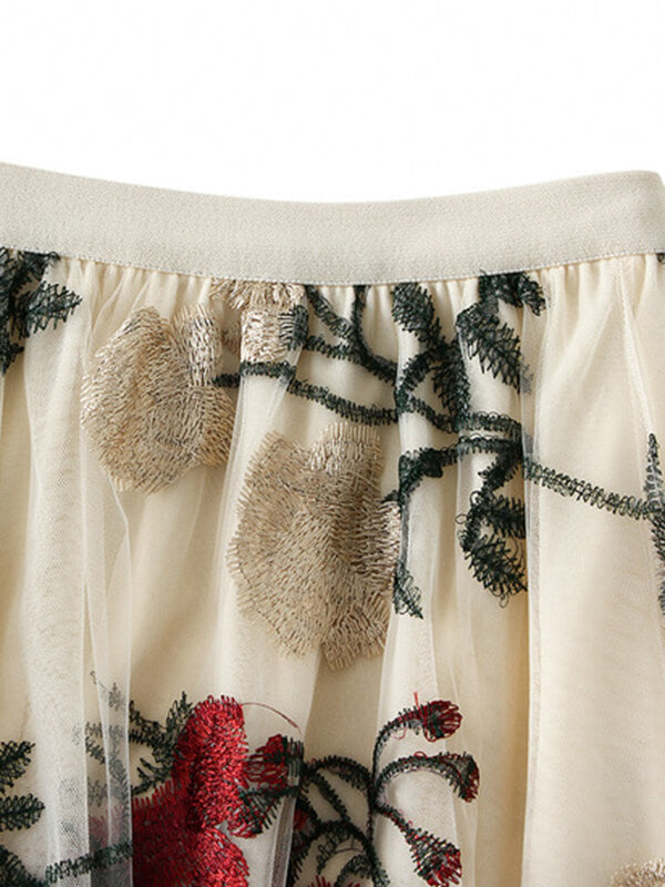 Woochic jupe longue tulle brodée fleurie femme élégant vintage
