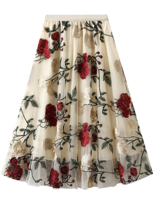 Woochic jupe longue tulle brodée fleurie femme élégant vintage Blanche ONE SIZE