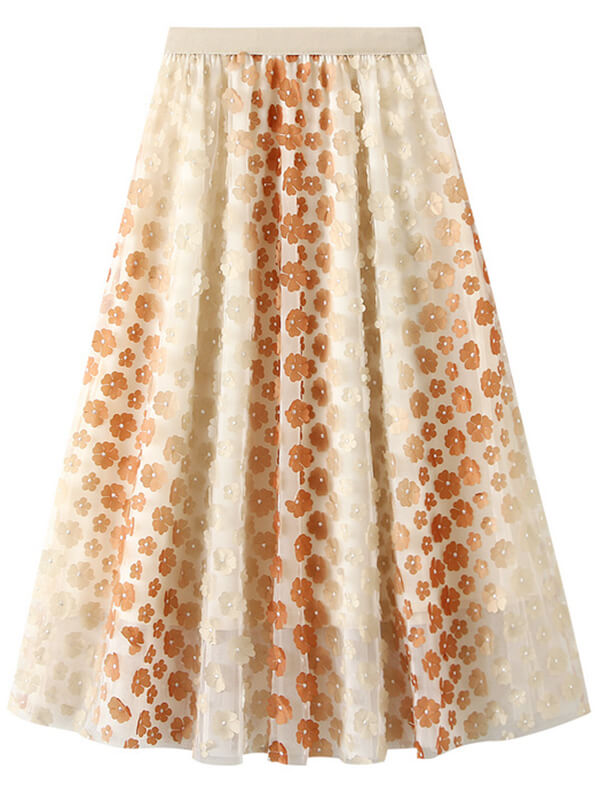 Woochic jupe longue tulle brodée fleurie femme mode Khaki ONE SIZE