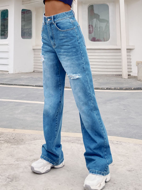 Woochic longue jeans déchiré troué taille haute ample mode femme pantalons