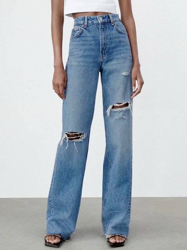 Woochic longue jeans droit larges jambes évasé déchiré troué femme mode Bleu XS