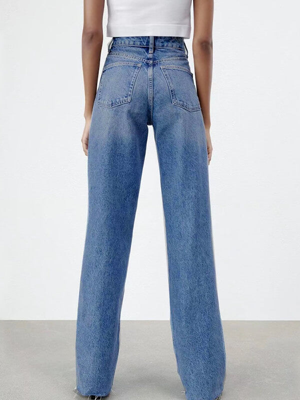 Woochic longue jeans droit larges jambes évasé déchiré troué femme mode