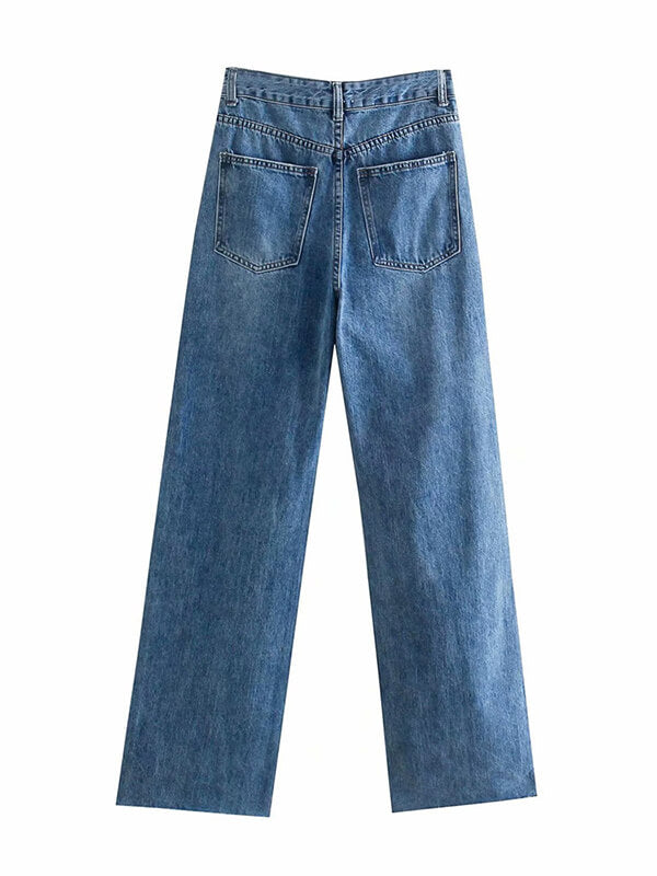 Woochic longue jeans droit larges jambes évasé déchiré troué femme mode