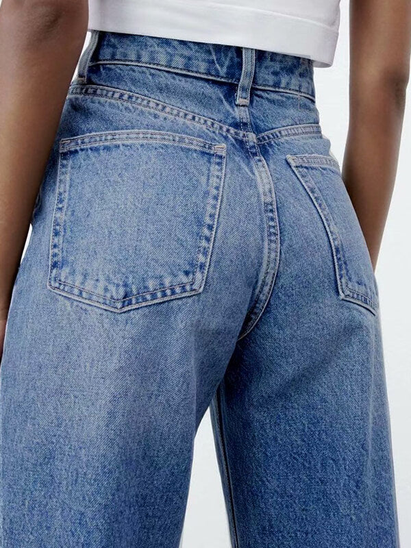 Woochic longue jeans droit larges jambes évasé déchiré troué femme mode