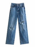 Woochic longue jeans droit larges jambes évasé déchiré troué femme mode