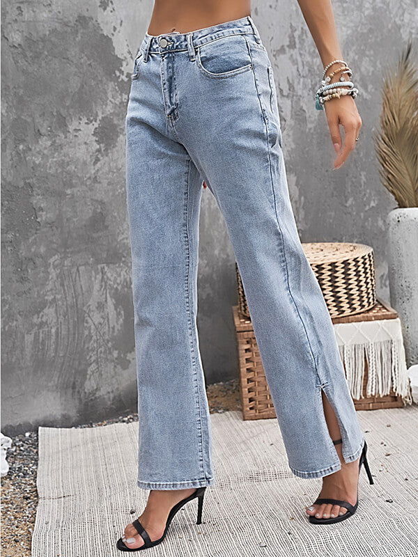 Woochic longue jeans fentes à la base flare évasé mi taille femme mode