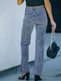 Woochic longue jeans fentes à la base flare évasé mi taille femme mode