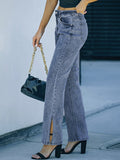 Woochic longue jeans fentes à la base flare évasé mi taille femme mode