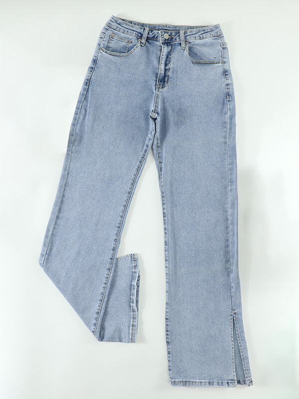 Woochic longue jeans fentes à la base flare évasé mi taille femme mode