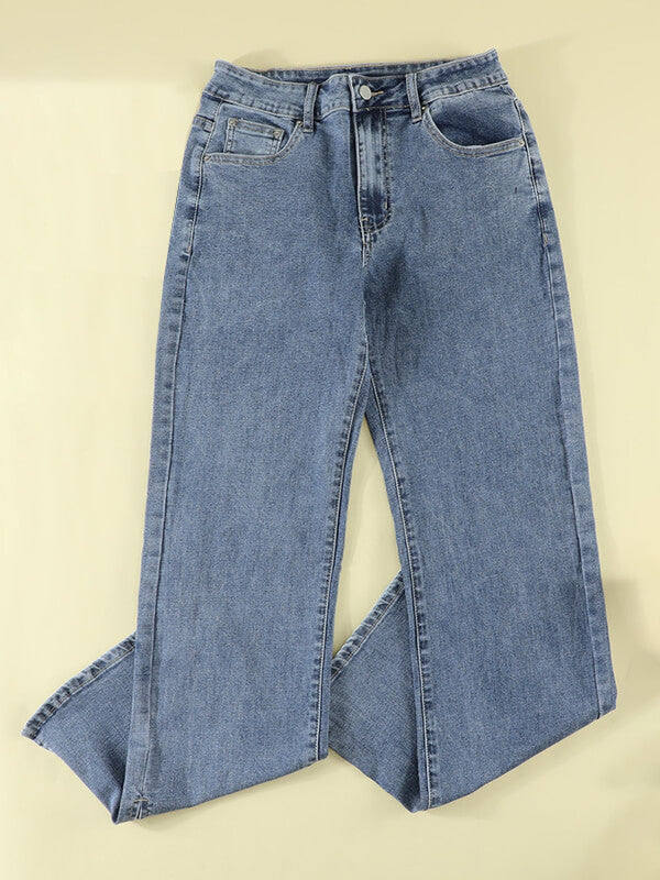 Woochic longue jeans fentes à la base flare évasé mi taille femme mode