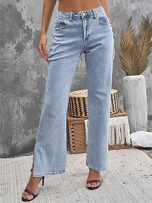 Woochic longue jeans fentes à la base flare évasé mi taille femme mode Bleu pastel S