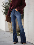 Woochic longue jeans flare évasé boutons mi taille femme décontracté Bleu foncé S