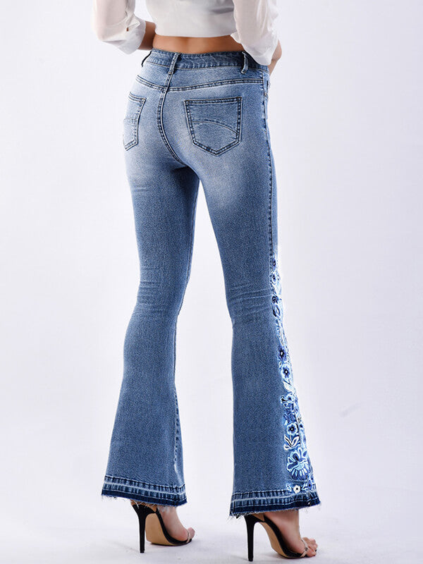 Woochic longue jeans flare évasé fleurie avec poches mi taille femme mode