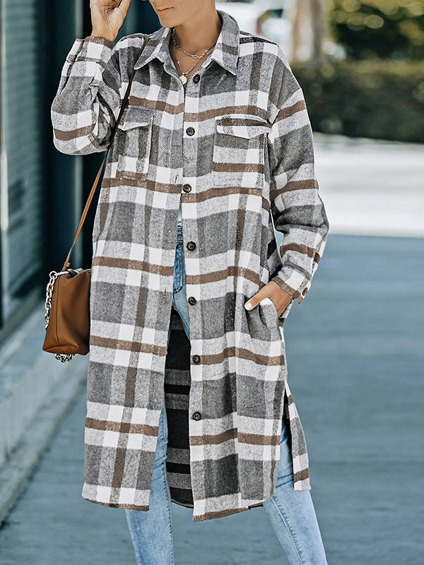 Woochic manteau longue coton carreaux boutonnage avec poches col revers femme casual blouse surchemise