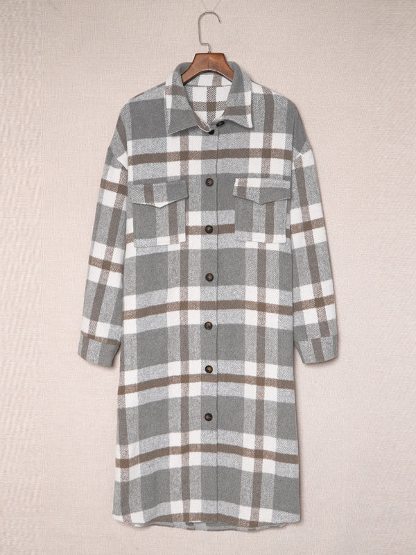 Woochic manteau longue coton carreaux boutonnage avec poches col revers femme casual blouse surchemise