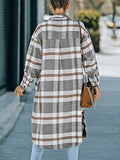 Woochic manteau longue coton carreaux boutonnage avec poches col revers femme casual blouse surchemise
