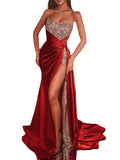 Woochic maxi robe longue moulante fendue cuisse brillante paillette bustier mode bal de promo