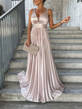 Woochic maxi robe longue unicolore fluide décolleté plongeant décolleté dos bretelle sans manches élégant de soirée Champagne S