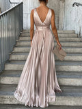 Woochic maxi robe longue unicolore fluide décolleté plongeant décolleté dos bretelle sans manches élégant de soirée