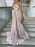 Woochic maxi robe longue unicolore fluide décolleté plongeant décolleté dos bretelle sans manches élégant de soirée