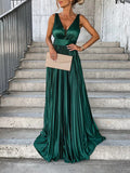 Woochic maxi robe longue unicolore fluide décolleté plongeant décolleté dos bretelle sans manches élégant de soirée Vert emeraude S