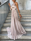 Woochic maxi robe longue unicolore fluide décolleté plongeant décolleté dos bretelle sans manches élégant de soirée
