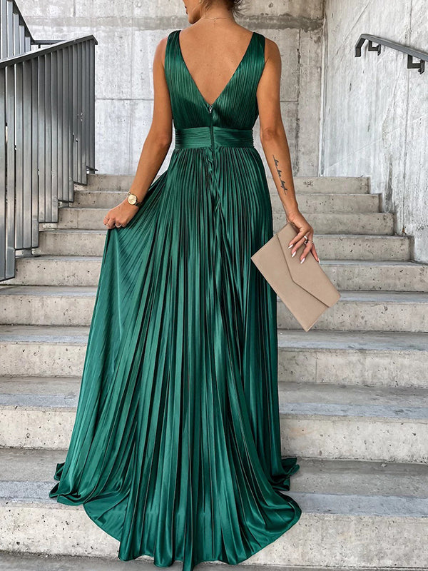 Woochic maxi robe longue unicolore fluide décolleté plongeant décolleté dos bretelle sans manches élégant de soirée