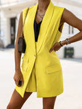 Woochic mi-longue blazer avec poches boutons col revers sans manches femme style boyfriend Jaune S