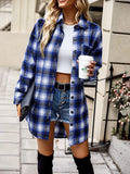 Woochic mi-longue blouse carreaux boutonnage avec poches col cheminée femme casual surchemise