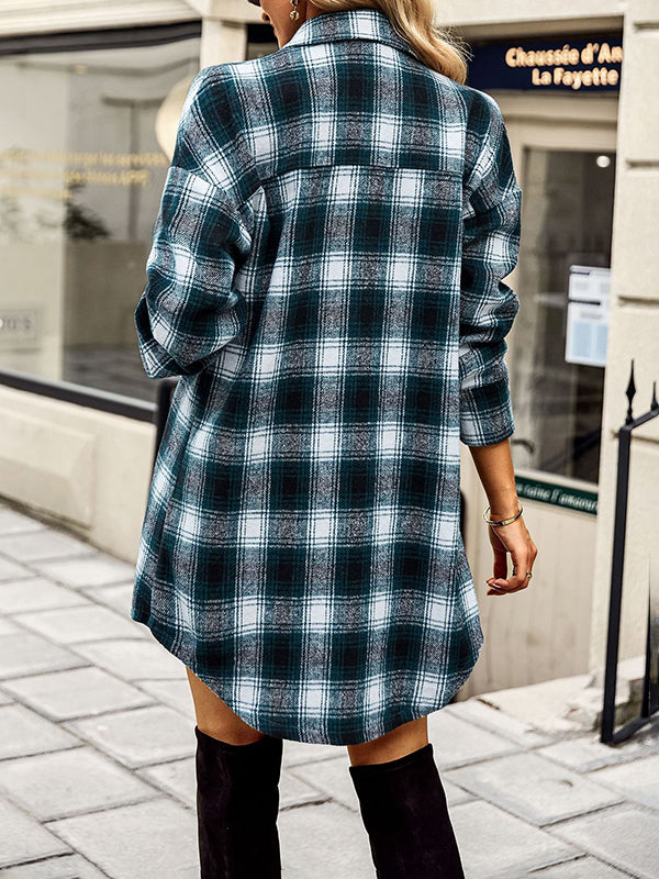 Woochic mi-longue blouse carreaux boutonnage avec poches col cheminée femme casual surchemise