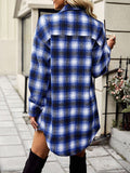 Woochic mi-longue blouse carreaux boutonnage avec poches col cheminée femme casual surchemise