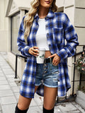 Woochic mi-longue blouse carreaux boutonnage avec poches col cheminée femme casual surchemise Bleu saphir S