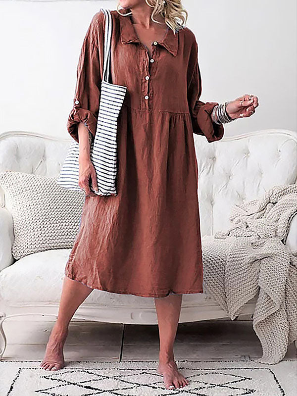 Woochic mi-longue blouse robe boutonnage col revers manches longues casual femme ample Marron S