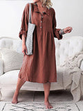 Woochic mi-longue blouse robe boutonnage col revers manches longues casual femme ample Marron S