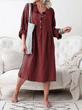 Woochic mi-longue blouse robe boutonnage col revers manches longues casual femme ample Bordeaux S