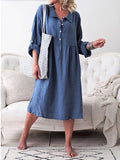 Woochic mi-longue blouse robe boutonnage col revers manches longues casual femme ample Bleu foncé S