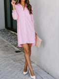 Woochic mi-longue blouse robe coton boutonnage avec poches manches longues femme casual