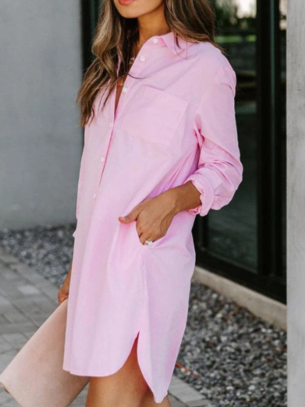 Woochic mi-longue blouse robe coton boutonnage avec poches manches longues femme casual